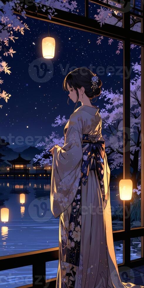 Woman in kimono gazes at a serene nightscape, illuminated by lanterns and stars. photo