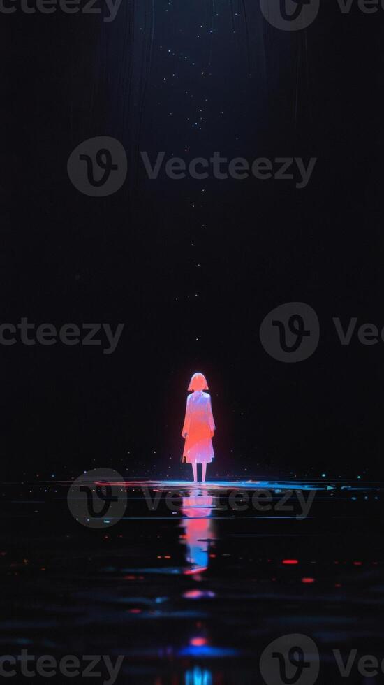 Solitary figure glowing brightly in the dark, standing on a reflective surface under a night sky. photo