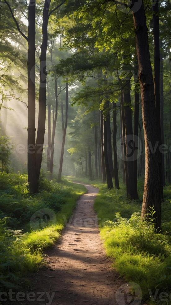 Sunlit path winding through a lush green forest. Rays of sunlight pierce the canopy, illuminating the way. photo