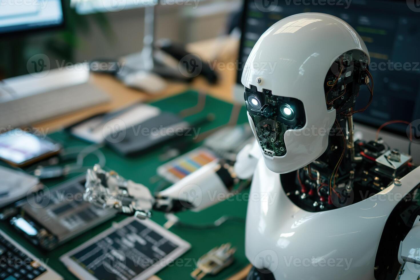 A robot is sitting in front of a computer photo