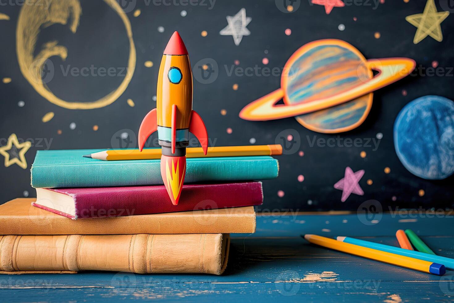 A stack of books, a rocket and a chalkboard photo