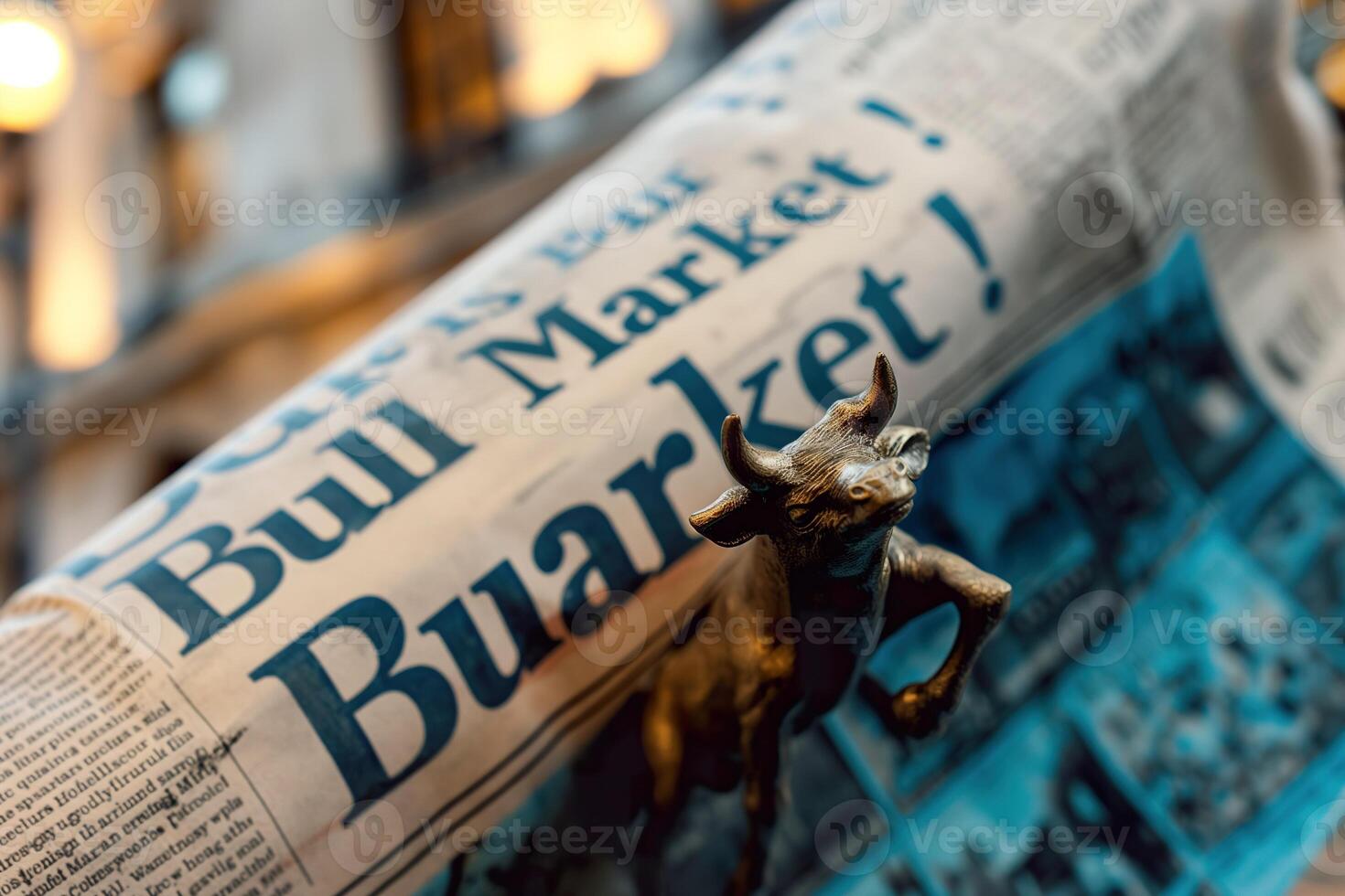 Bull market headlines highlight economic optimism with a striking statue in a bustling city in the vibrant afternoon light photo