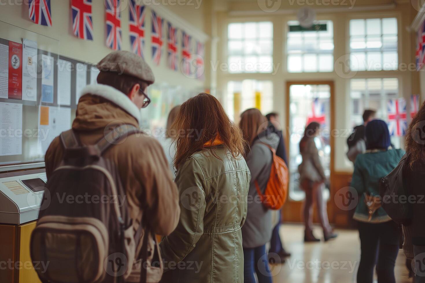 People standing in line at a school with british flags photo