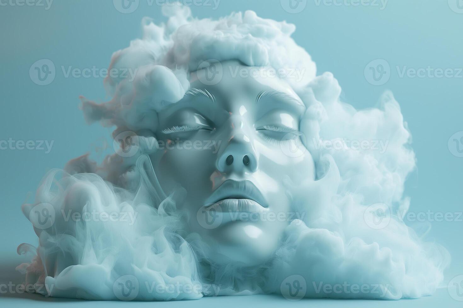A serene, dreamlike visage appears partially obscured by soft clouds, evoking a sense of peace and contemplation photo