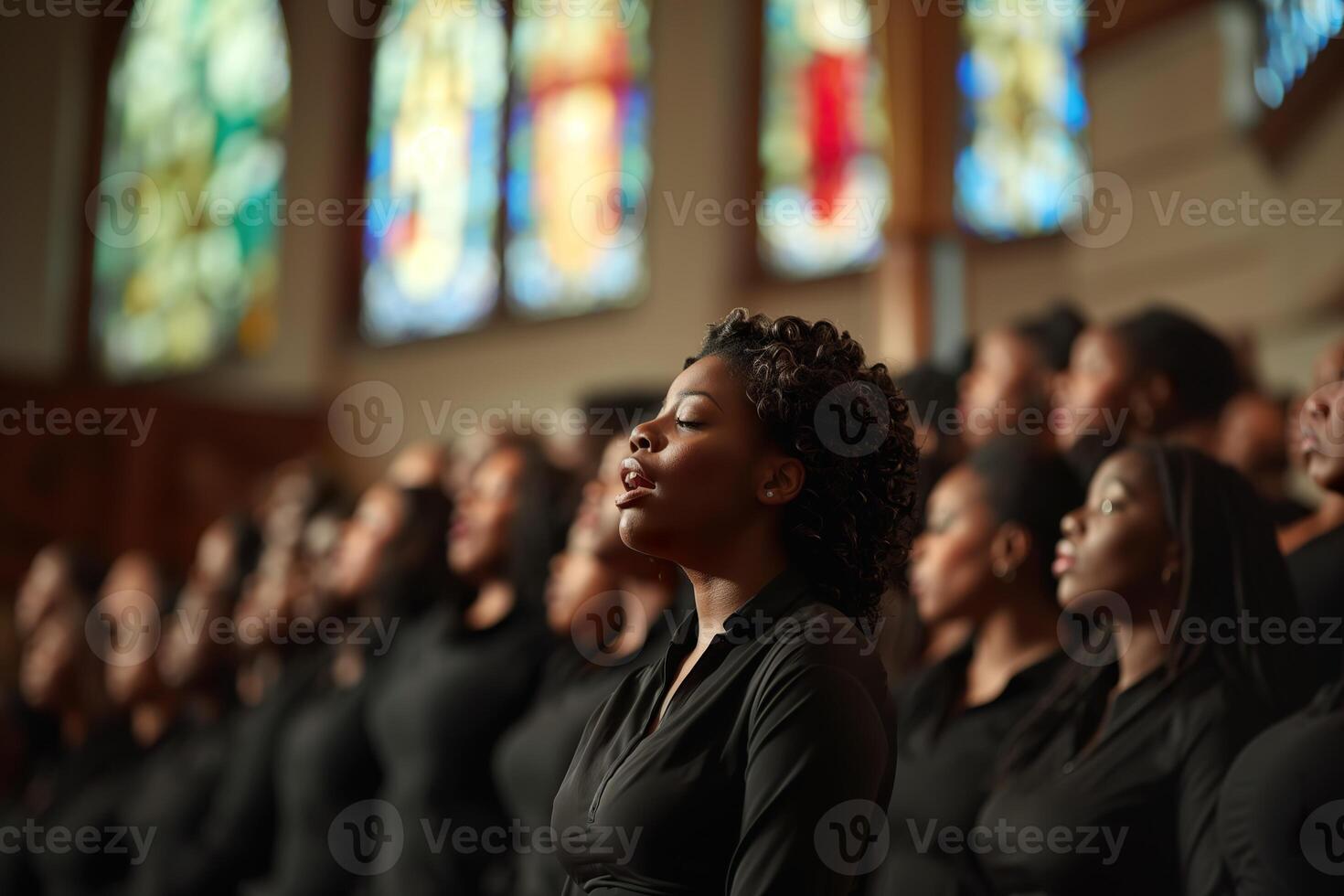 Choir members dressed in black sing passionately in a church adorned with beautiful stained glass windows photo