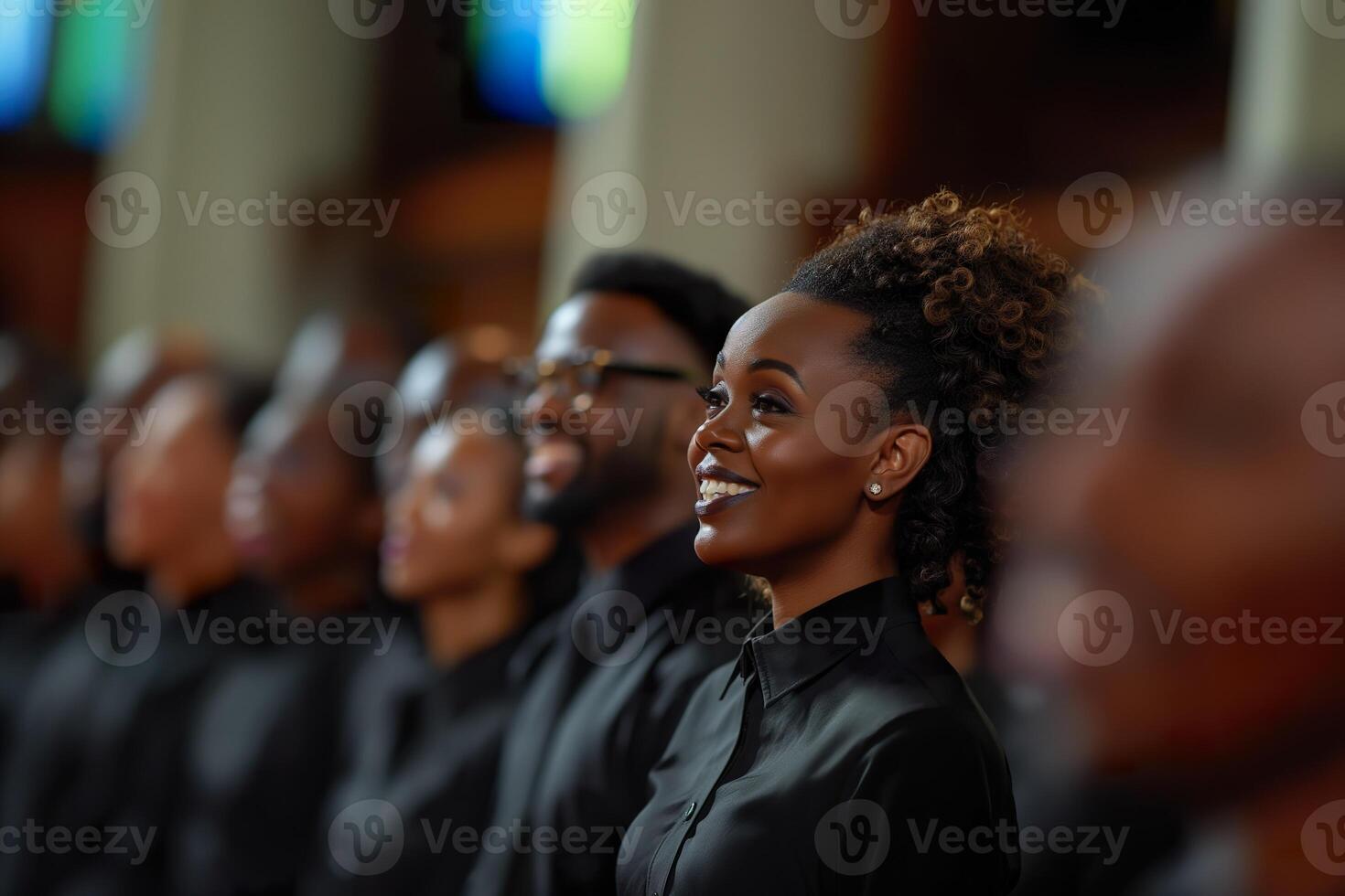 A diverse choir sings passionately during a church service, contributing to the uplifting atmosphere of worship photo