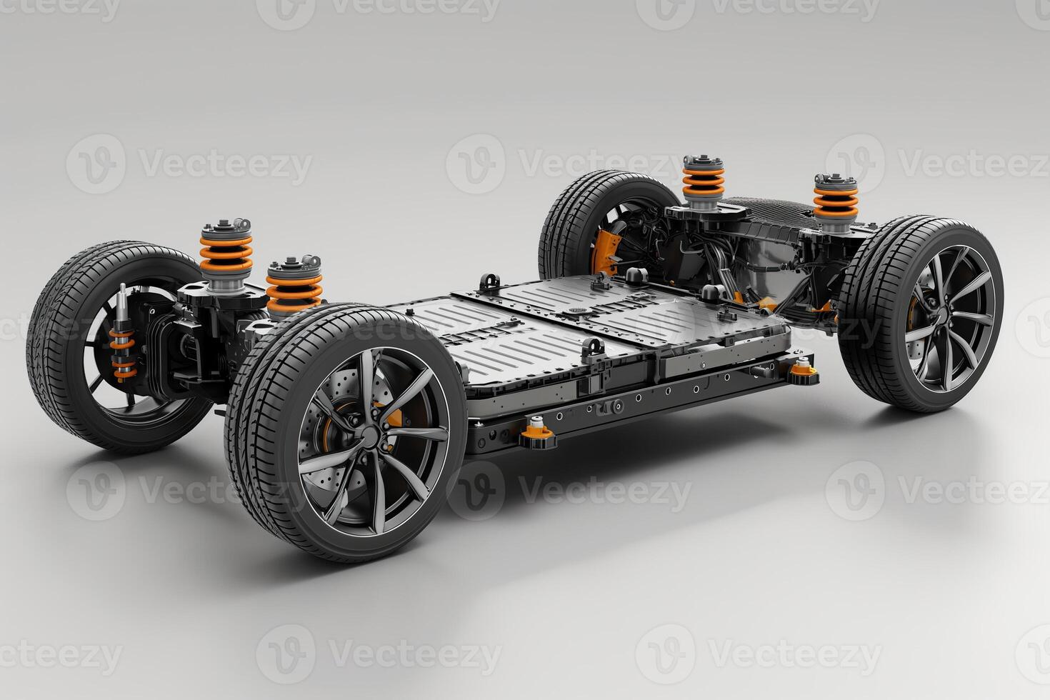 The electric vehicle chassis showcases integrated battery cells and suspension components for innovative automotive engineering photo