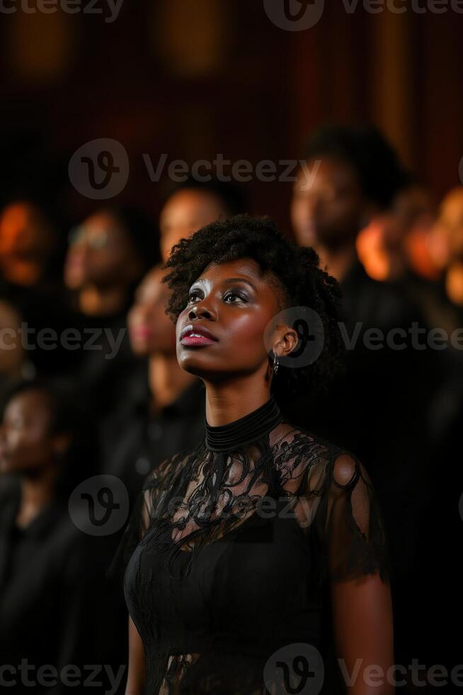 A woman in a black dress gazes upward, captivated by the choir's performance in a vibrant evening setting photo
