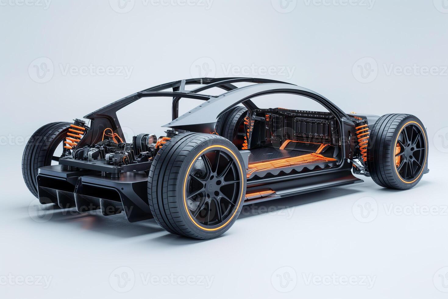 A detailed view of a sport car chassis featuring robust battery packs and an aerodynamic design in a contemporary setting photo