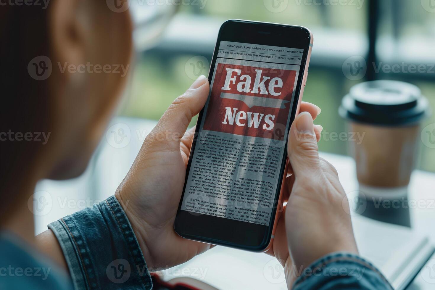 Individual engages with an article addressing fake news on their smartphone while seated at a coffee shop in Reading photo