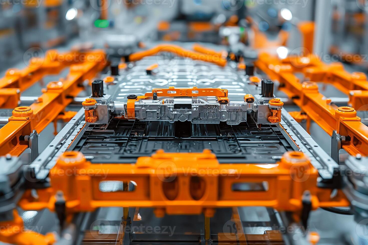Workers assemble battery cells for electric vehicles in a state-of-the-art manufacturing plant, showcasing advanced technology photo