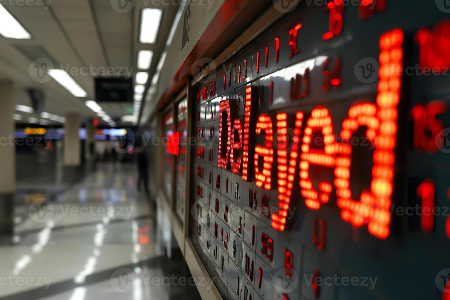 The board display at an airport terminal reveals multiple delayed flight statuses amidst a bustling atmosphere. photo