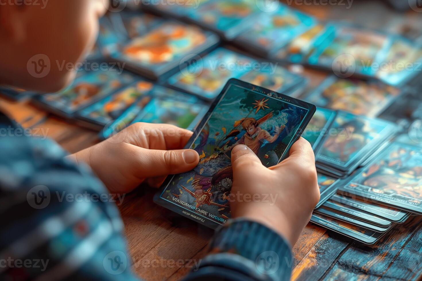A young boy carefully examines a trading card, surrounded by numerous colorful cards on a rustic wooden table photo