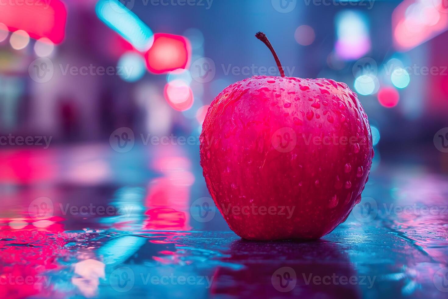 A red apple rests on a wet city pavement, reflecting vibrant colors from nearby neon signs on a rainy evening photo