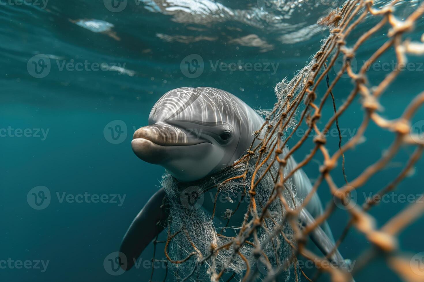 A dolphin is caught in a fishing net beneath the ocean surface, highlighting the dangers of marine pollution to sea creatures photo