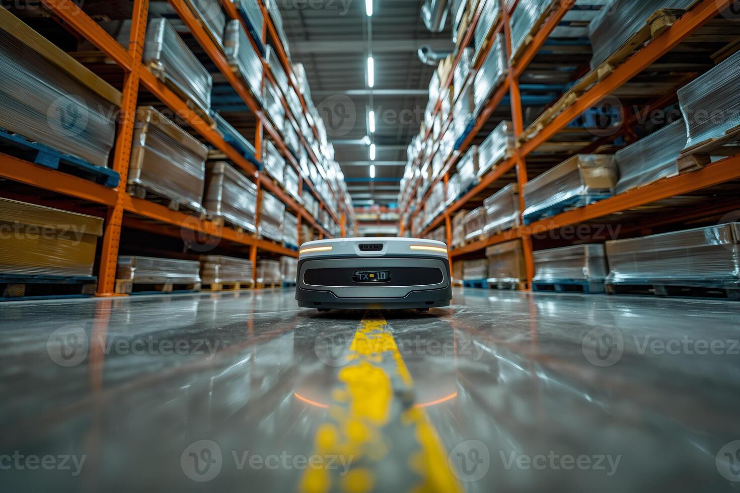 A robot navigates the warehouse aisles, autonomously managing inventory and optimizing operations during peak hours photo