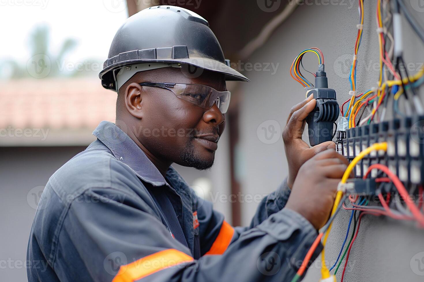 A technician works on installing an internet connection, carefully connecting wires and checking the setup in a residential area photo