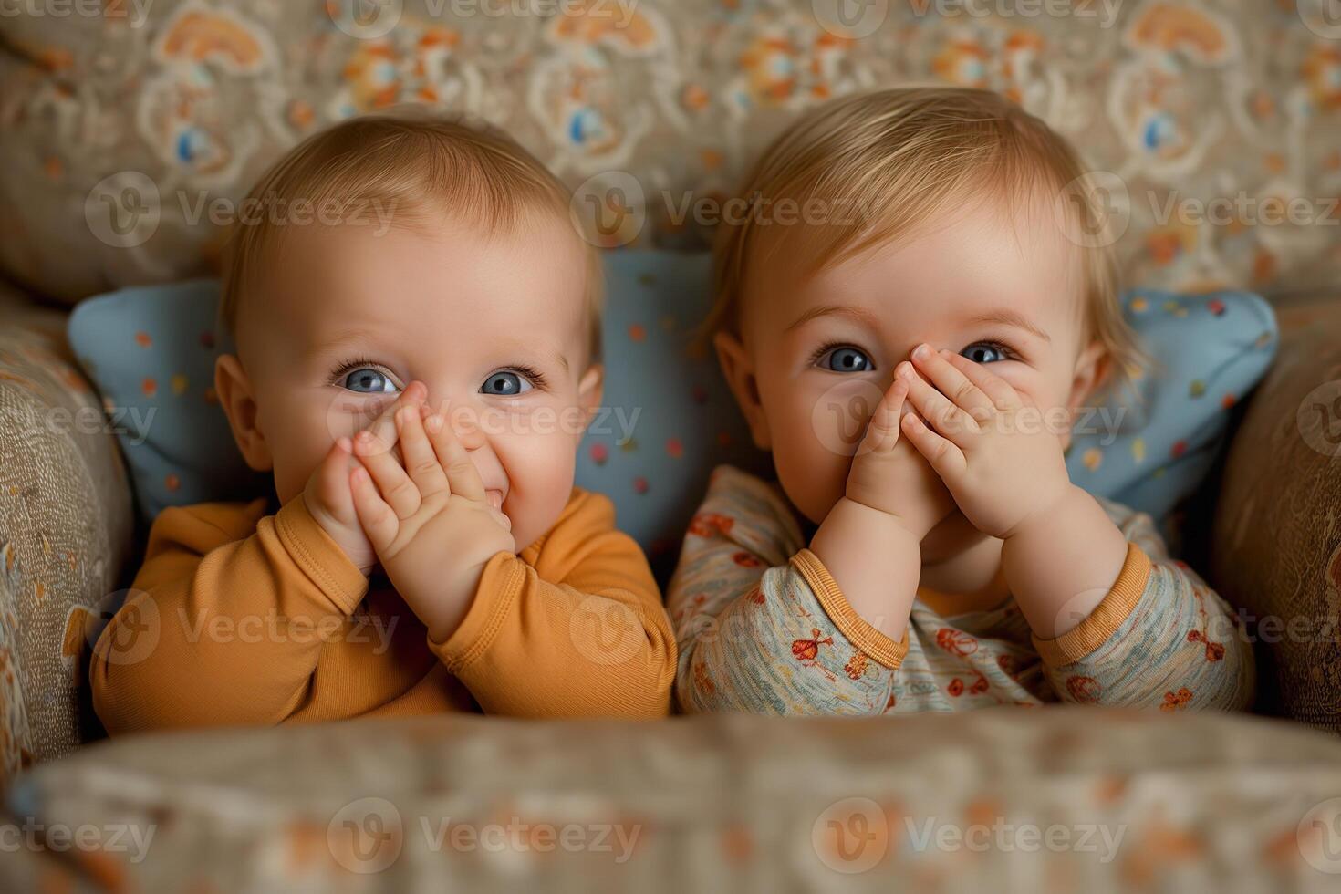 Two cheerful infants are playing a game of peek-a-boo, covering their mouths and giggling while sitting in a comfortable living room. photo