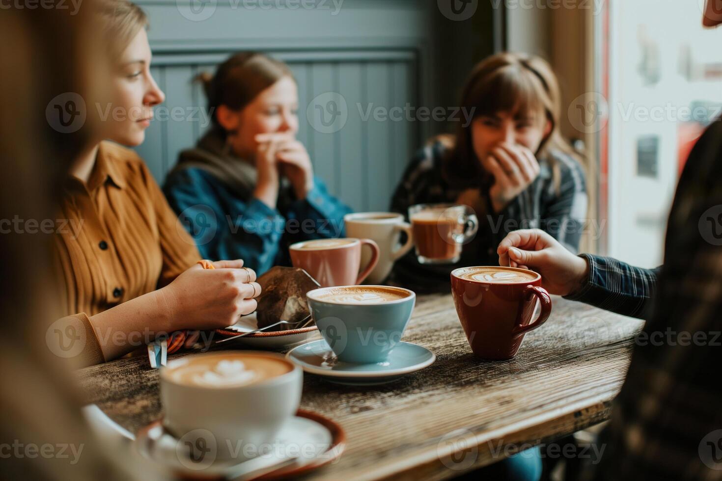 A group of people sitting at a table with coffee cups photo