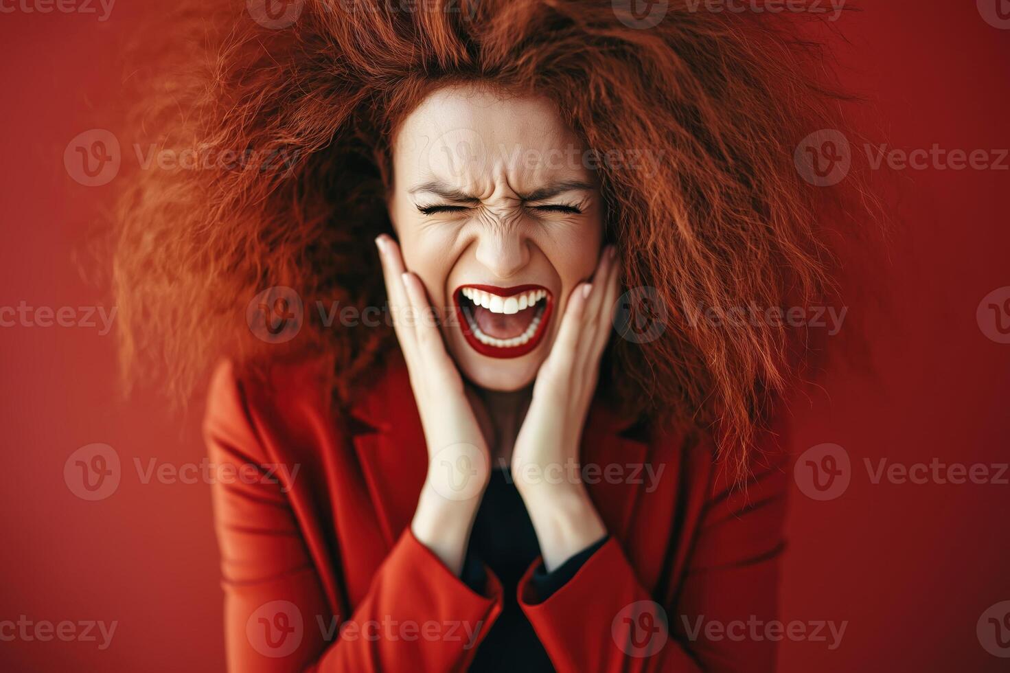 Dynamic portrait of a drag queen joyfully laughing against a vibrant red background with faded colors photo