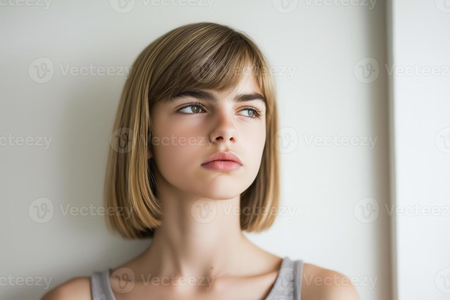 Portrait of a stylish tomboy with a confident expression against a minimalist white background photo
