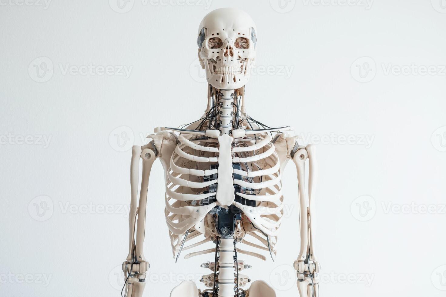 Cute robot assistant joyfully holds a digital tablet in a softly lit, minimalistic setting with faded colors photo