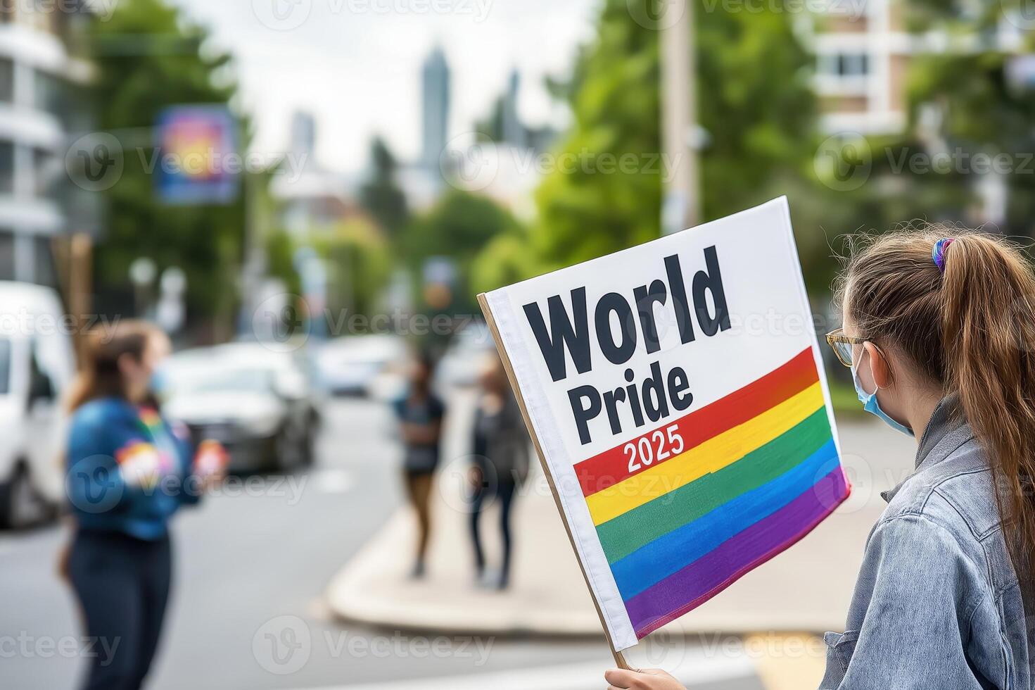 Celebration of World Pride 2025 with vibrant banners and the LGBTQIA community flag on city streets photo