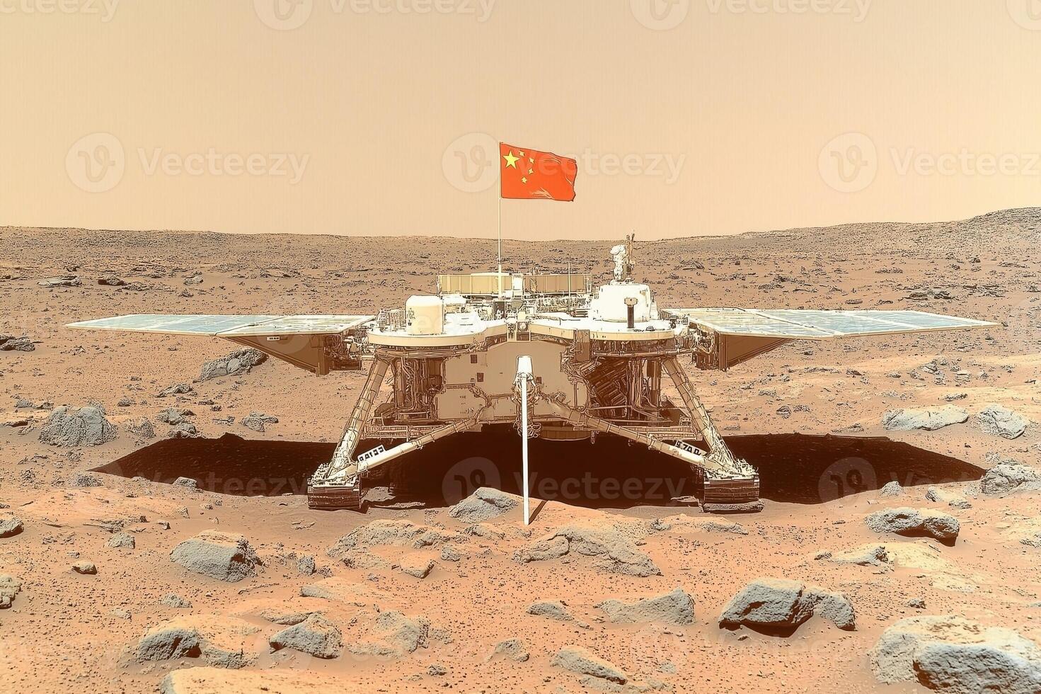 Chinese astronauts plant a flag on the surface of Mars while exploring the red planet's terrain photo
