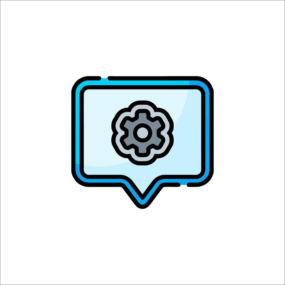 A blue and gray speech bubble with a gear icon vector