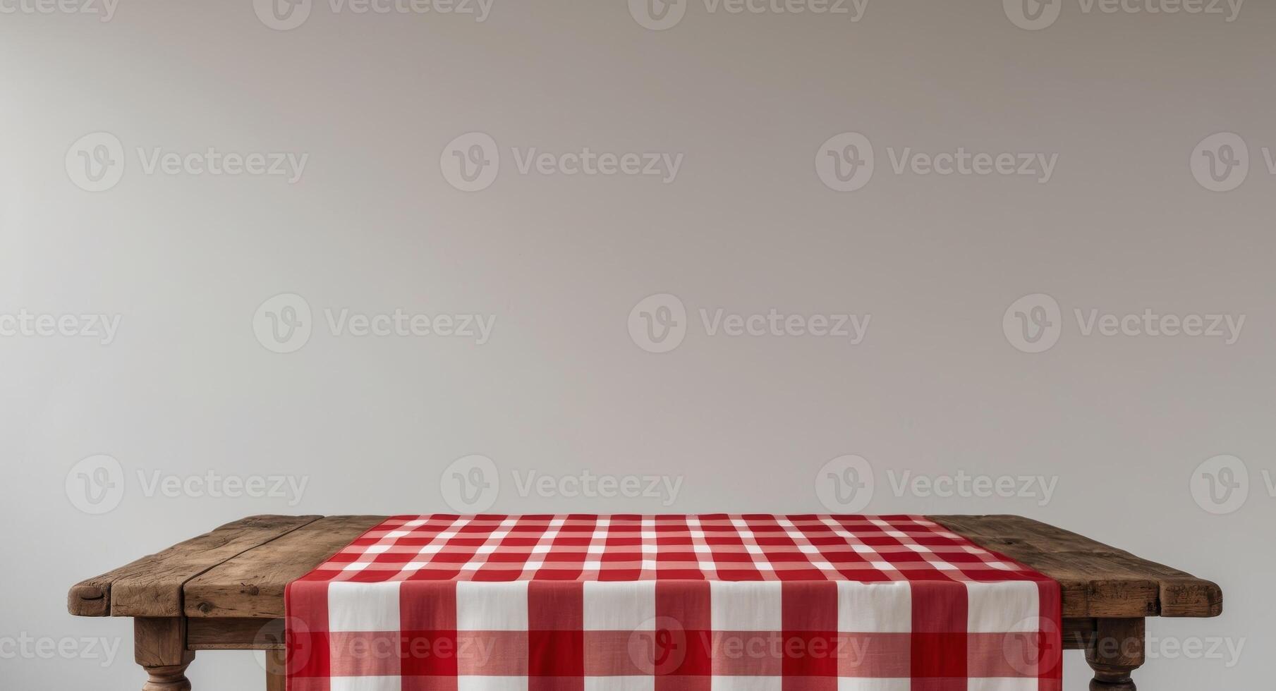 Rustic Wooden Table with Red and White Checkered Tablecloth Vintage Style photo