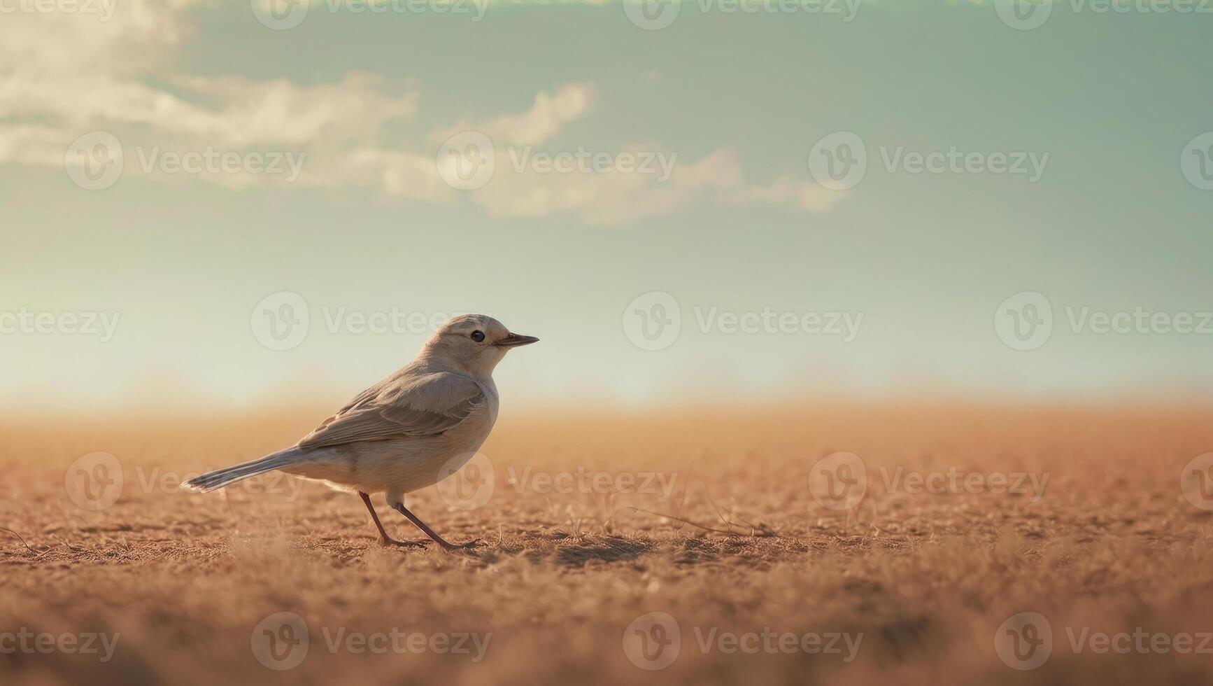 A bird perches on the ground in a field of brown grass photo