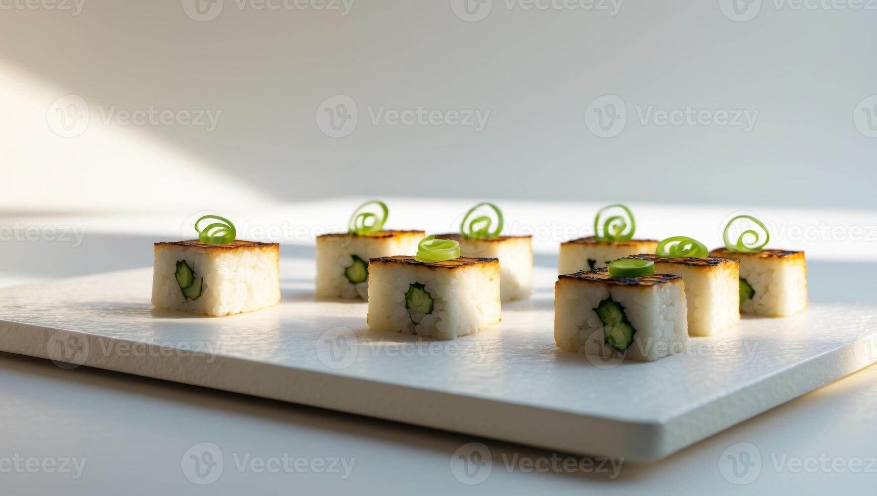 Grilled Tofu Sushi Squares Topped With Green Onions photo