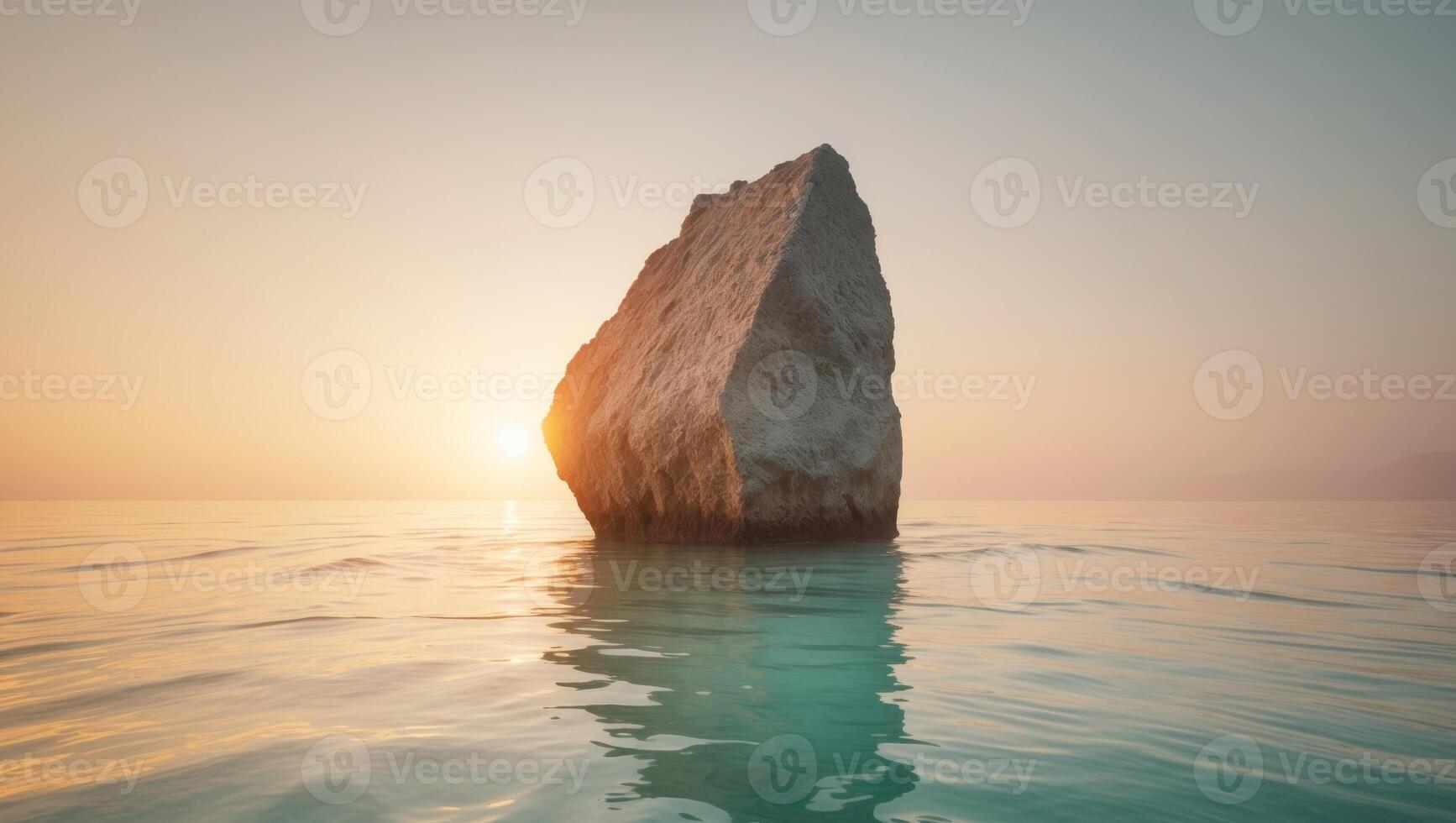 A rock in the middle of a body of water with the sun setting behind it. photo