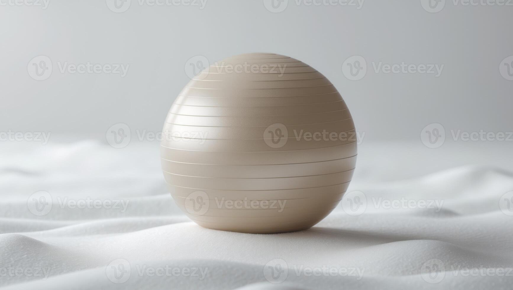 A single beige exercise ball rests on a white surface. photo