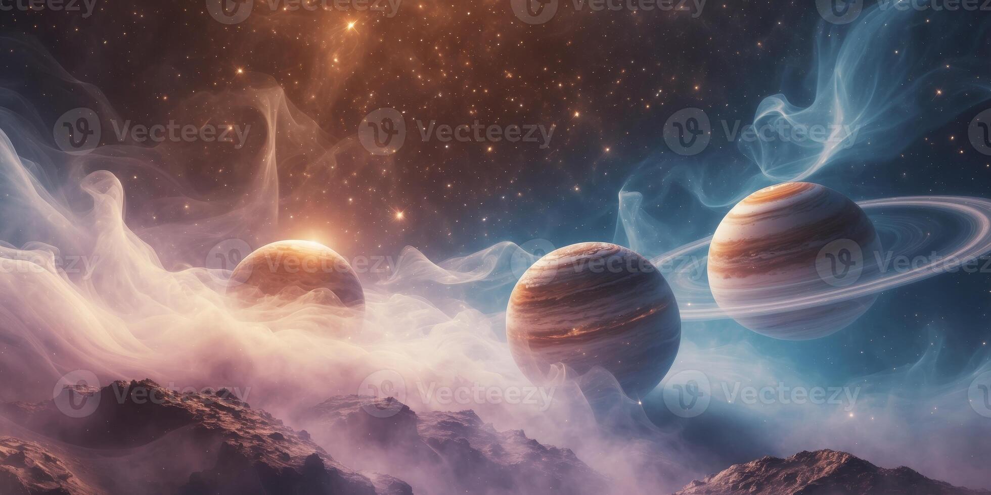 Cosmic Landscape of Three Vibrant Planets in Dynamic Lighting and Starry Background for Deep Space Exploration photo