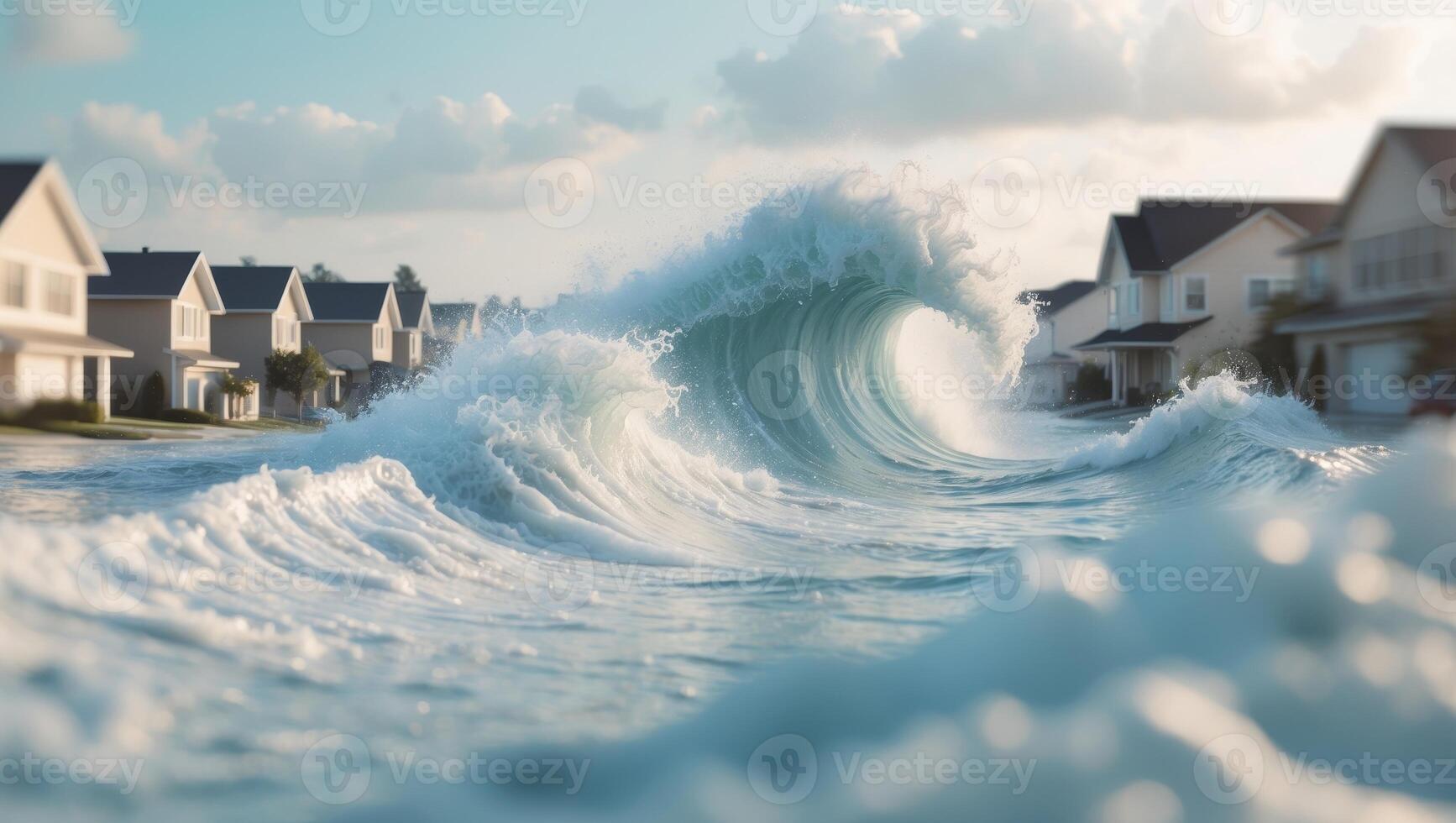 Massive tsunami wave crashing on a suburban neighborhood photo