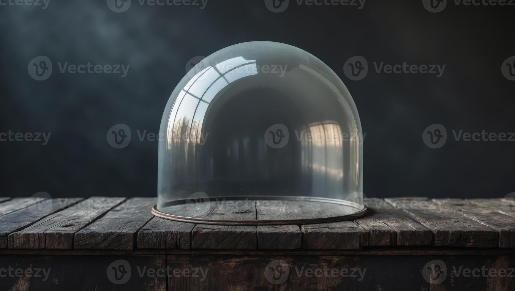 Empty glass dome on rustic wooden surface with dark backgroundEmpty glass dome on rustic wooden surface with dark background. photo