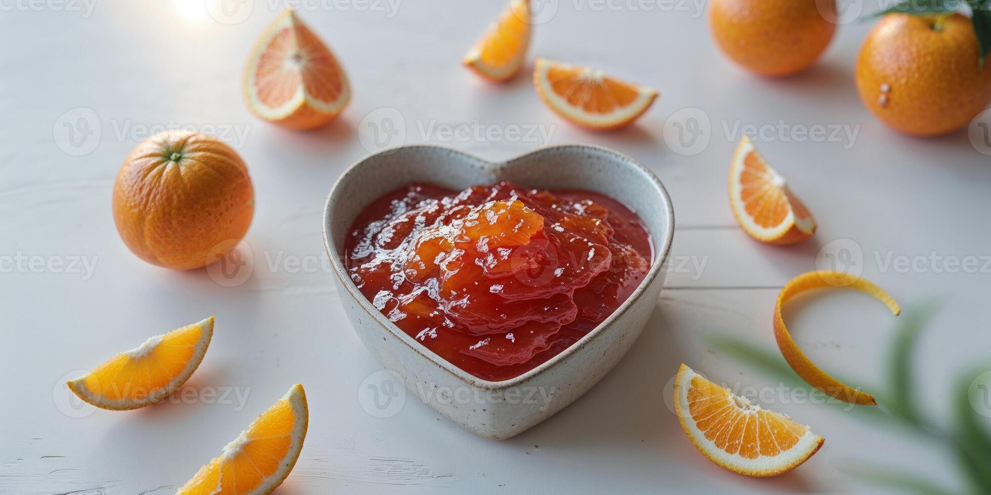 Delicious red orange marmalade in a heart shaped ceramic bowl on a white wooden tabletop with fresh orange slices and empty space for text photo