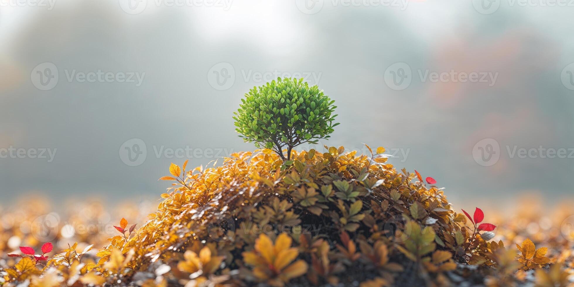 A small hedge sits atop a pile of leaves in a natural setting photo