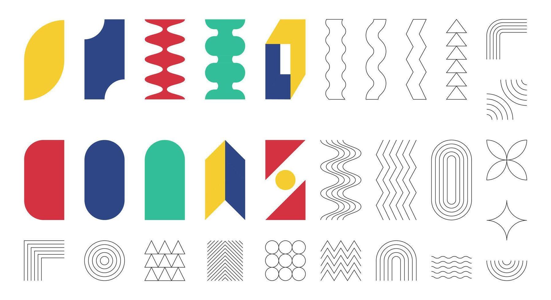 Set of abstract geometric shapes. Brutalism, Swiss minimalism, Bauhaus style. Simple flat and outline design elements. Color illustration isolated on white background, Ediatble strokes vector
