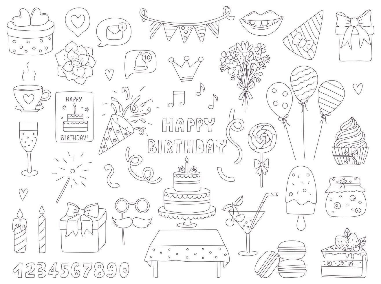 A set of hand-drawn doodle elements for birthday, party, celebration. Outline decorative objects. Black and white illustrations isolated on a white background. Editable strokes. vector