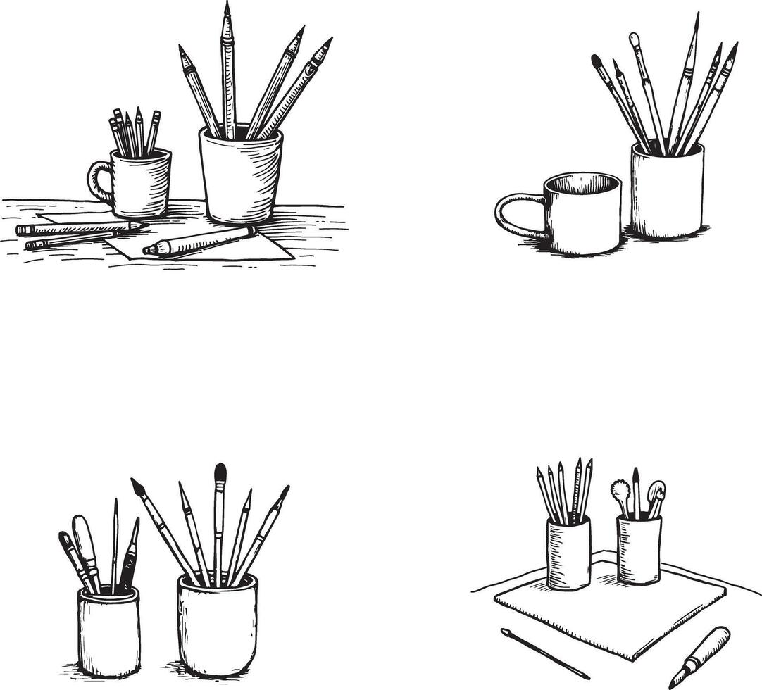 Hand drawn line art pen and pencil illustration set collection for coloring page vector