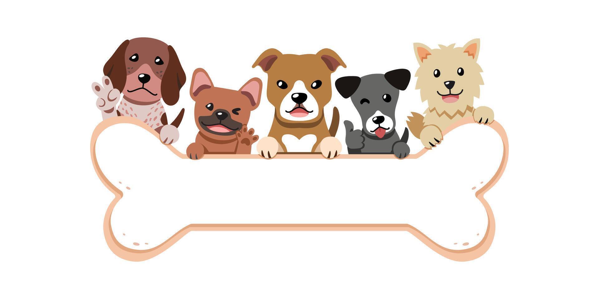 Cartoon cute different breeds of dogs with bone sign for design. vector