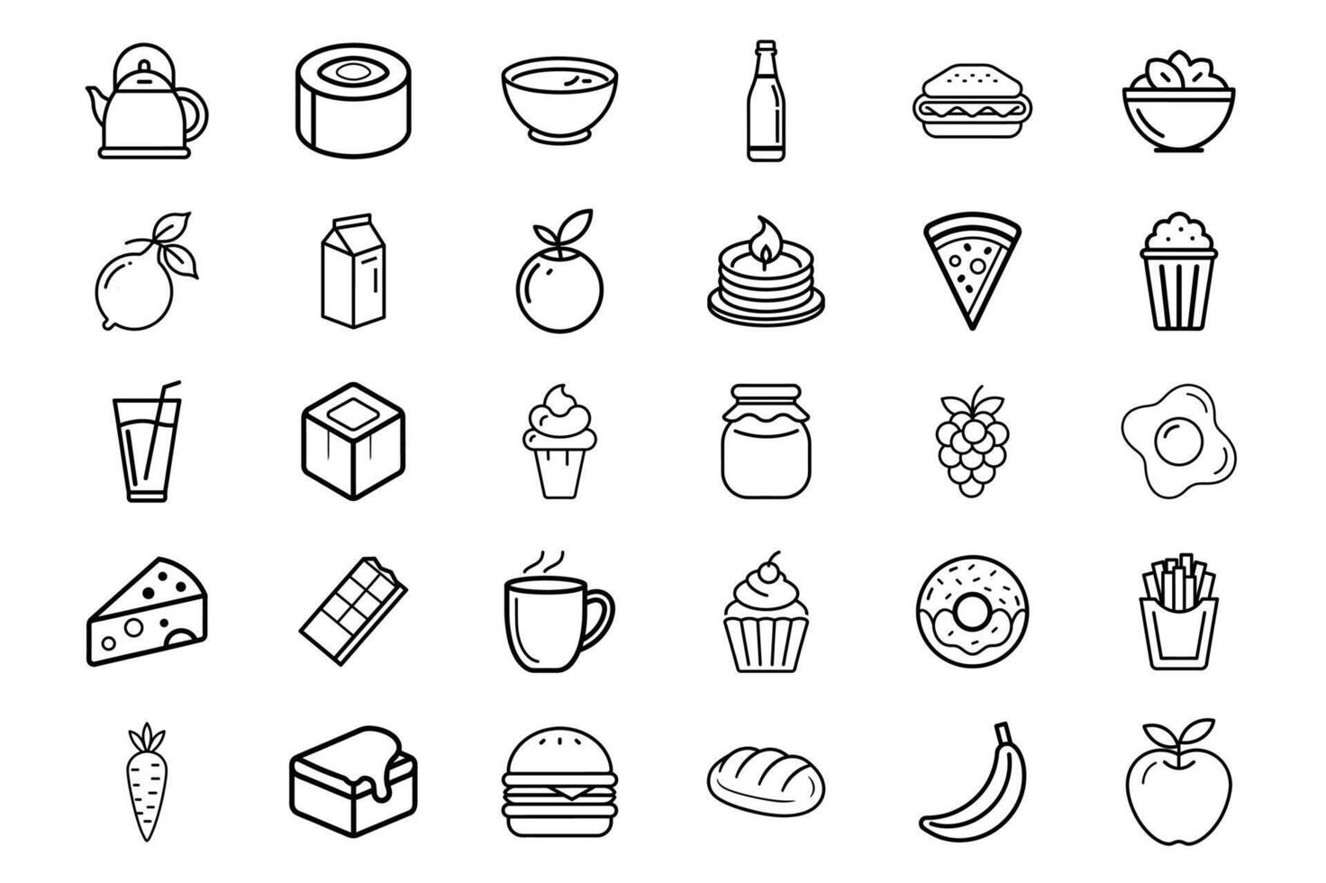 Diverse Food and Drink Icons for Meal Planning, Nutrition Design, Snacks, Desserts, and Beverages vector