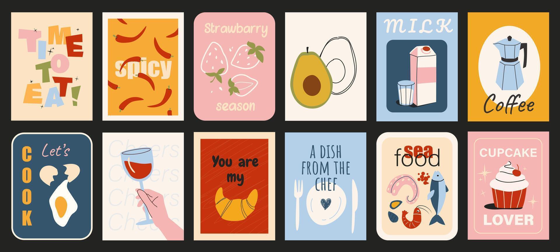 Food typography template posters. Menu covers with spicy pepper, strawberry, avocado, milk, drink, coffee, breakfast, wine, other. Social media banners set in retro 90s design. illustration. vector