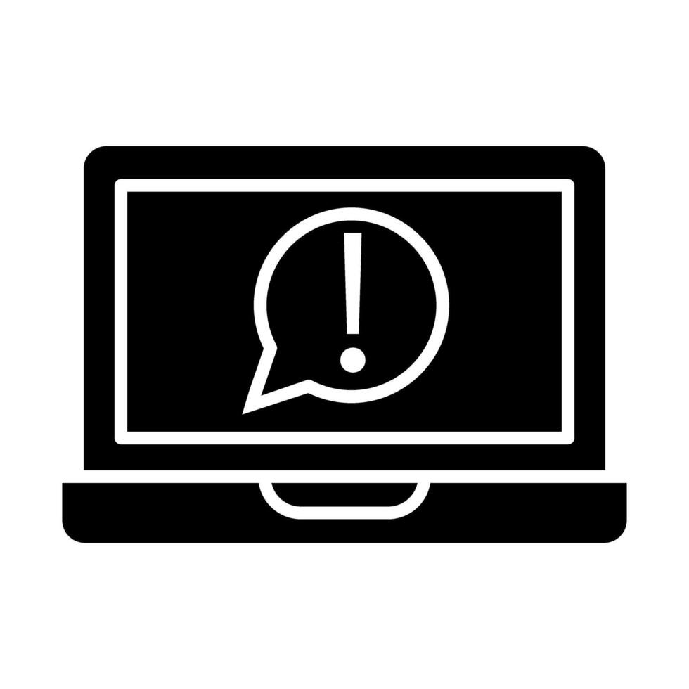Laptop with exclamation mark , Black and white solid icon vector