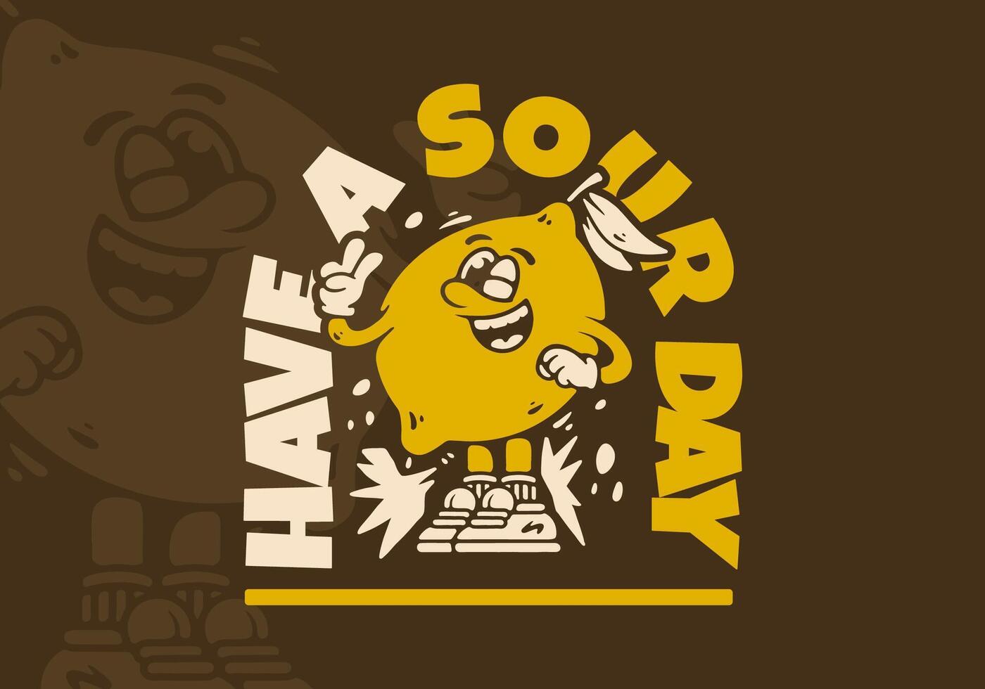 Smiling and happy lemon mascot with peace hand symbol. Have a sour day. Retro illustration vector