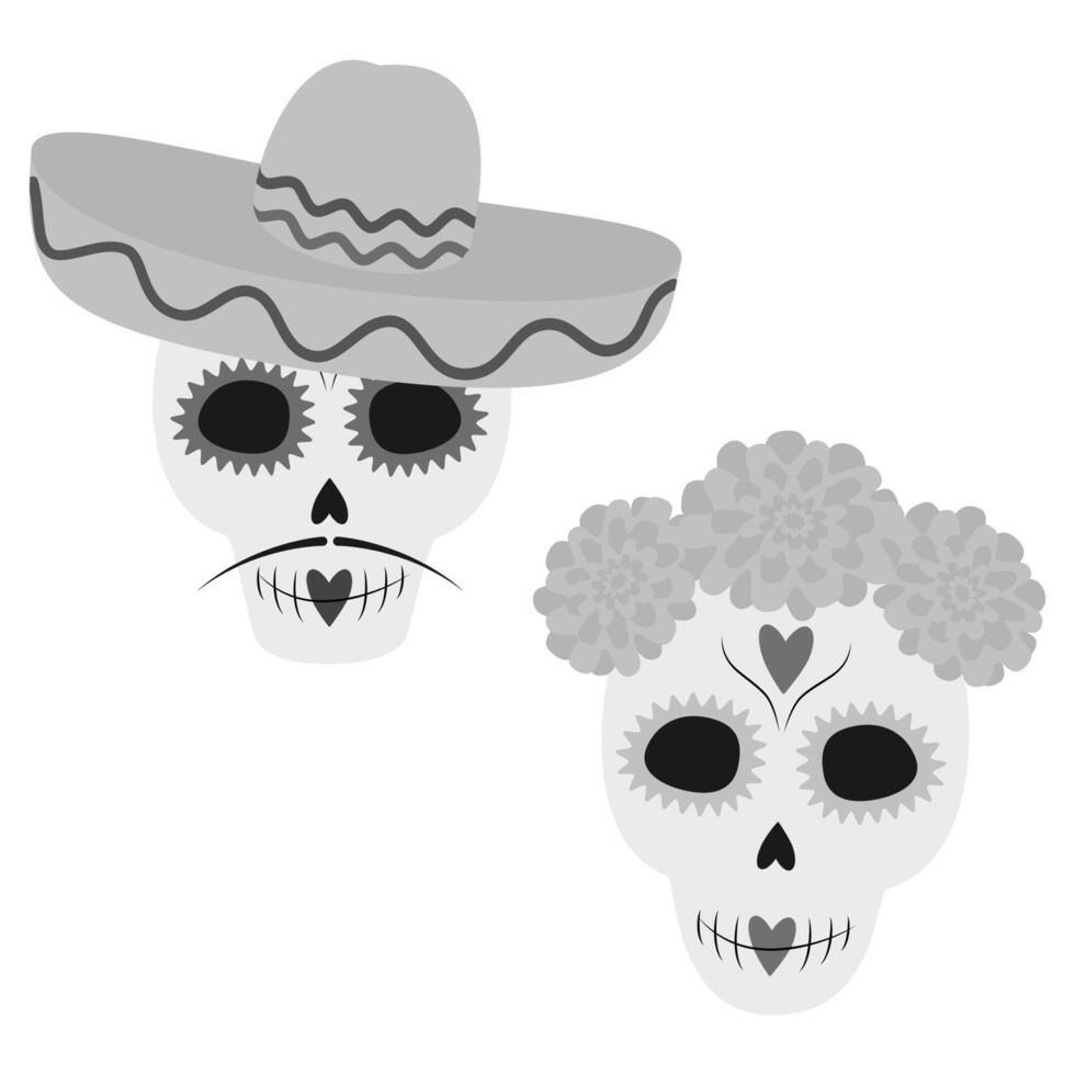 Patterned Male and Female Skull in sombrero and floral wreath Day of the dead Cute character Set 2. Isolated illustration Thematic cards, Sticker, icon or web promo poster, banner, leaflet, tag vector