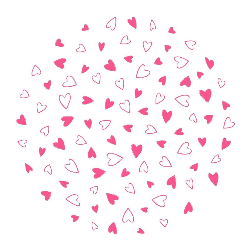 Outline and filled Hand drawn hearts Circular background texture in trendy pink. Valentines Day fond. Isolated illustration Thematic cards, leaflets, greetings, price, label or web promo banner vector