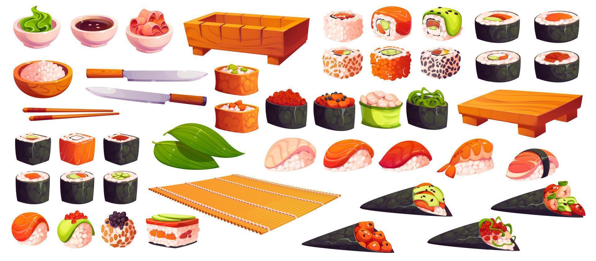 Cartoon Japanese sushi, utensils and rolls icons vector